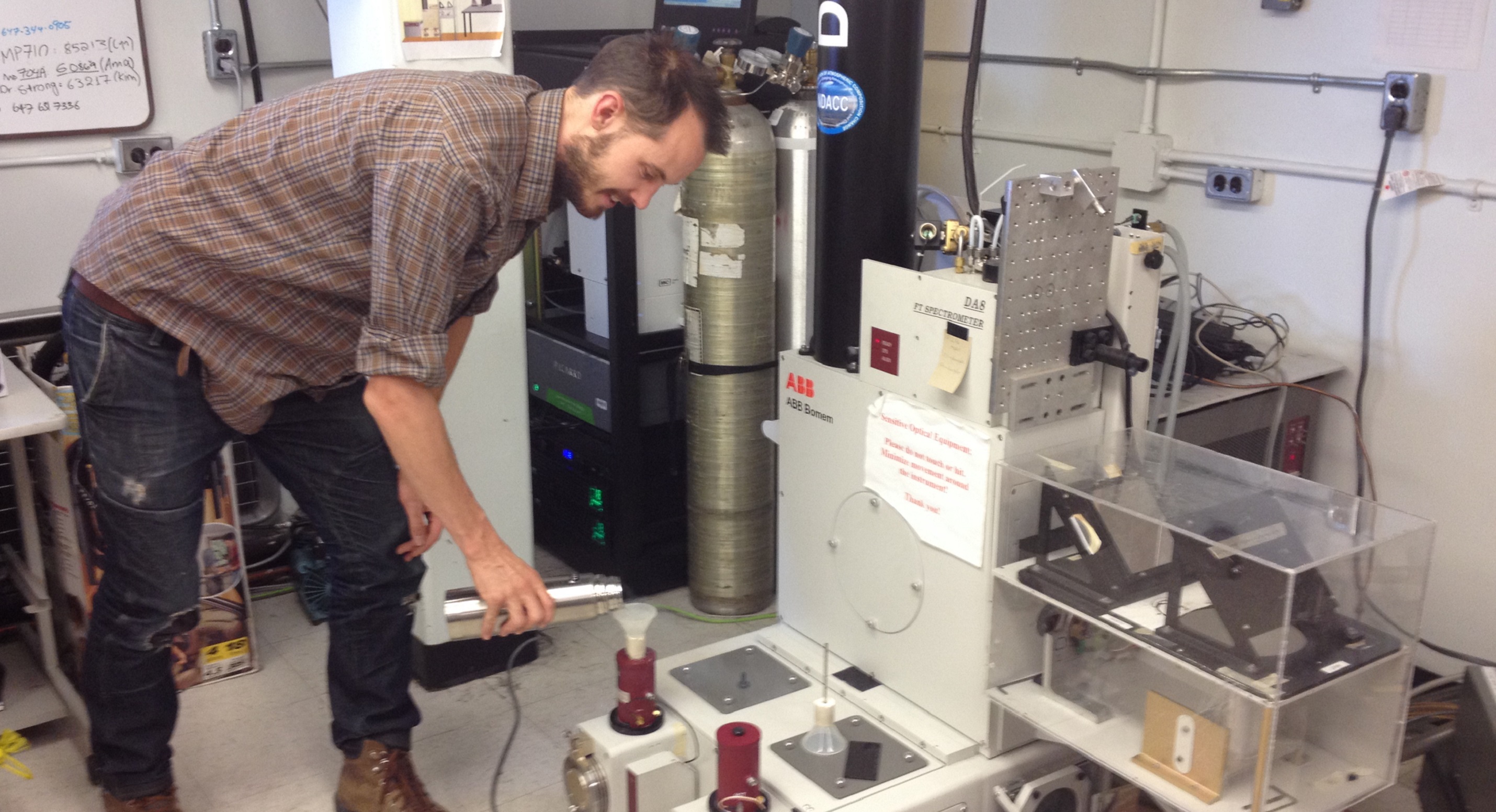 Bomem DA8 FTIR Spectrometer detectors (maroon) being filled with Liquid Nitrogen