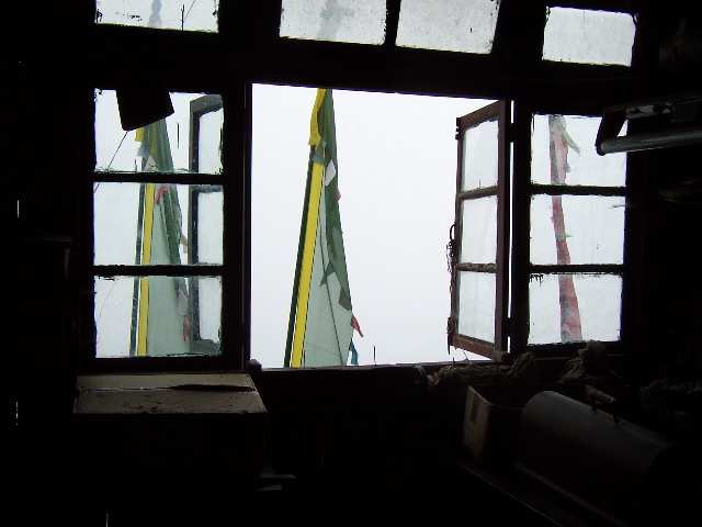 prayer flags in the fog